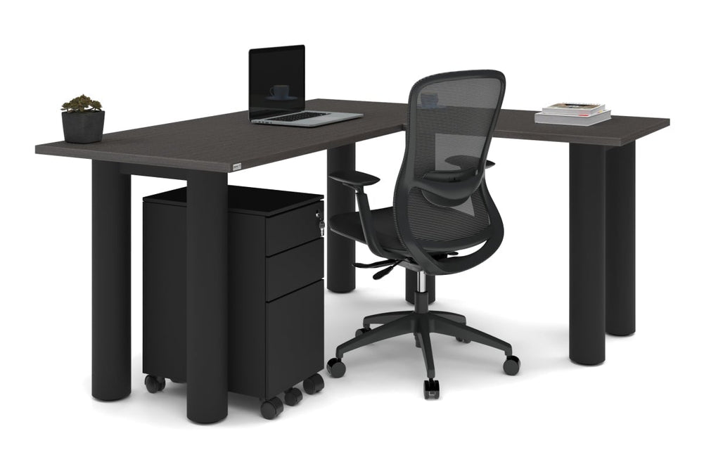 Quadro Cylinder Leg - L Shaped Corner Office Desk  [1600L x 1450W]-black leg dark oak metal modesty panel