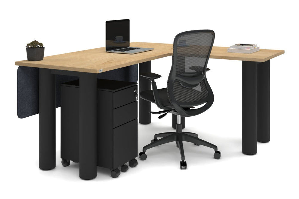 Quadro Cylinder Leg - L Shaped Corner Office Desk  [1600L x 1450W]-black leg dark oak metal modesty panel