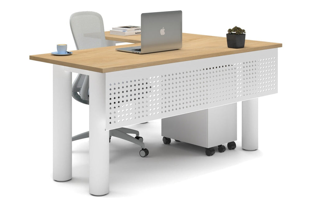 Quadro Cylinder Leg - L Shaped Corner Office Desk  [1600L x 1450W]-white leg maple metal modesty panel