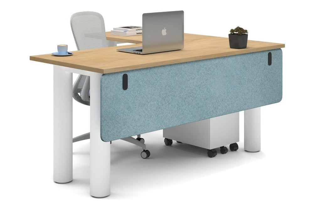 Quadro Cylinder Leg - L Shaped Corner Office Desk  [1600L x 1450W]-white leg maple blue acoustic modesty panel (350H x 1600W)