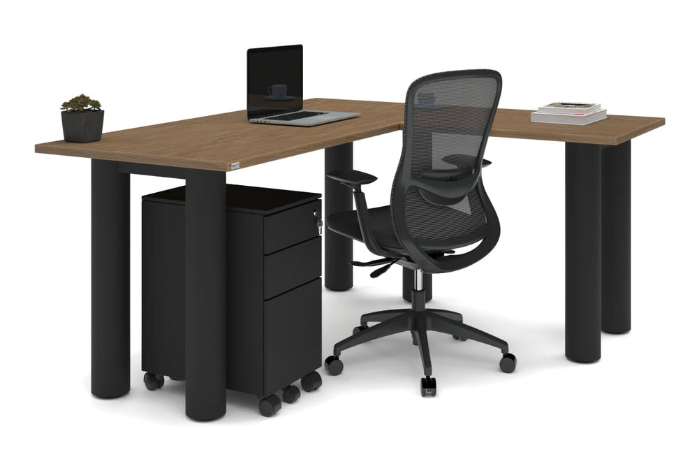 Quadro Cylinder Leg - L Shaped Corner Office Desk  [1600L x 1450W]-black leg dark oak metal modesty panel