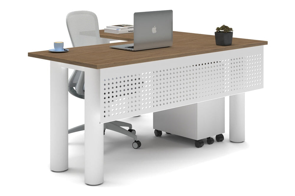 Quadro Cylinder Leg - L Shaped Corner Office Desk  [1600L x 1450W]-white leg salvage oak metal modesty panel