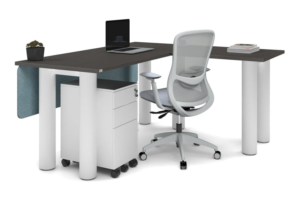 Quadro Cylinder Leg - L Shaped Corner Office Desk  [1600L x 1450W]-black leg dark oak metal modesty panel