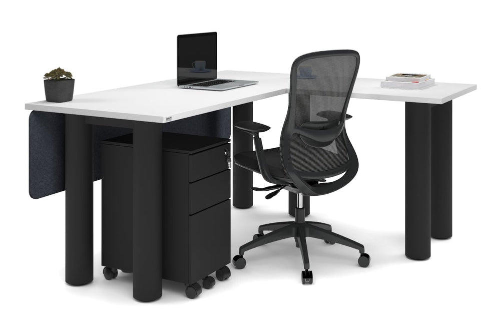 Quadro Cylinder Leg - L Shaped Corner Office Desk  [1600L x 1450W]-black leg dark oak metal modesty panel