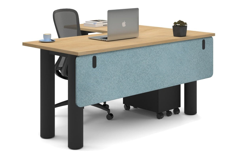 Quadro Cylinder Leg - L Shaped Corner Office Desk  [1600L x 1450W]-black leg maple blue acoustic modesty panel (350H x 1600W)
