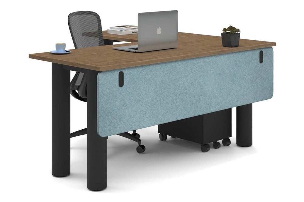 Quadro Cylinder Leg - L Shaped Corner Office Desk  [1600L x 1450W]-black leg salvage oak blue acoustic modesty panel (350H x 1600W)