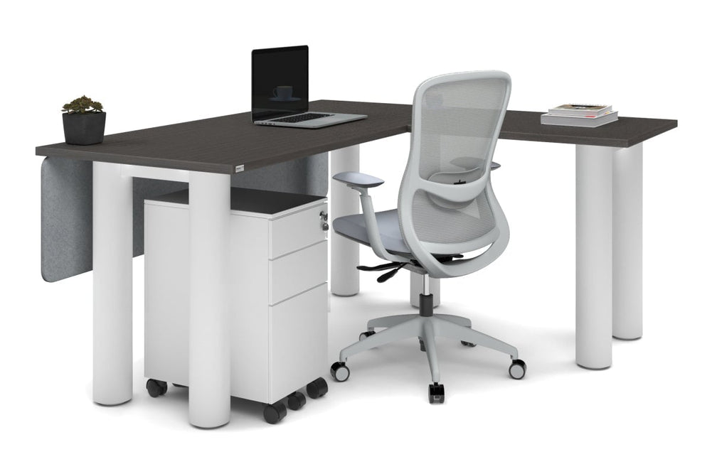 Quadro Cylinder Leg - L Shaped Corner Office Desk  [1600L x 1450W]-black leg dark oak metal modesty panel