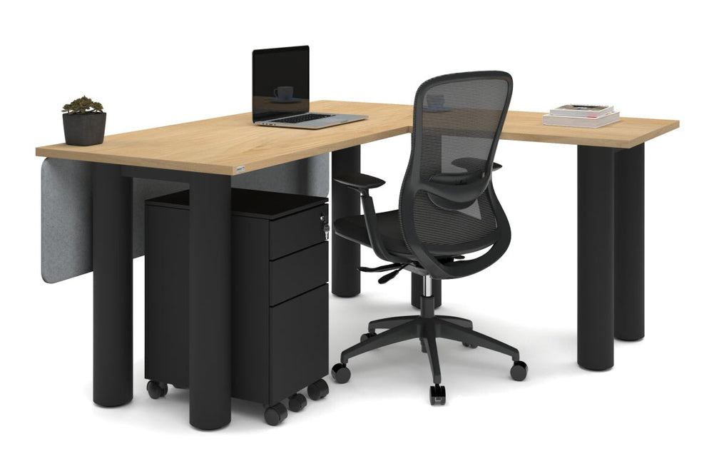 Quadro Cylinder Leg - L Shaped Corner Office Desk  [1600L x 1450W]-black leg dark oak metal modesty panel
