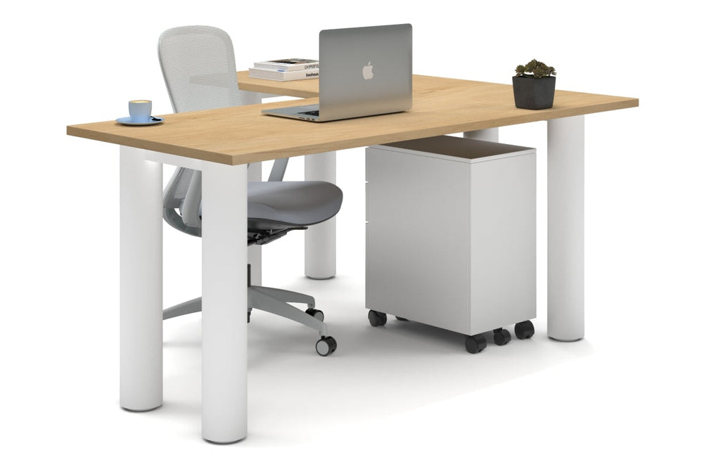 Quadro Cylinder Leg - L Shaped Corner Office Desk  [1600L x 1450W]-white leg maple none