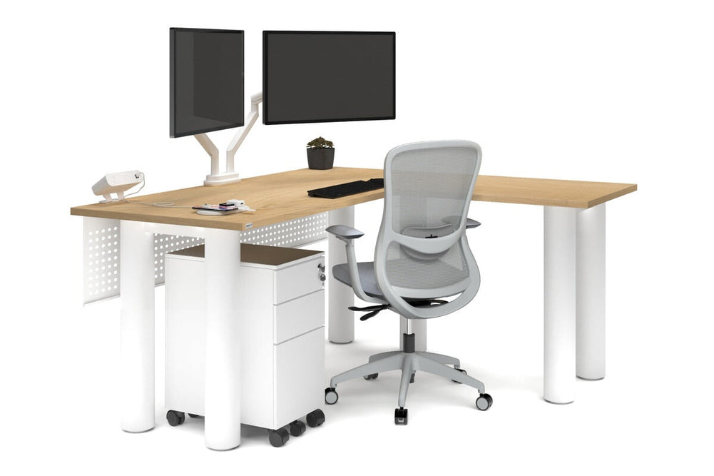 Quadro Cylinder Leg - L Shaped Corner Office Desk  [1600L x 1450W]-black leg dark oak metal modesty panel