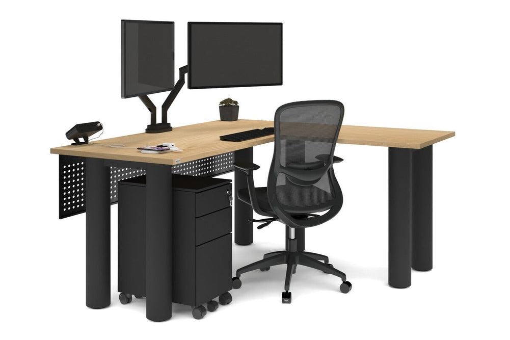 Quadro Cylinder Leg - L Shaped Corner Office Desk  [1600L x 1450W]-black leg dark oak metal modesty panel
