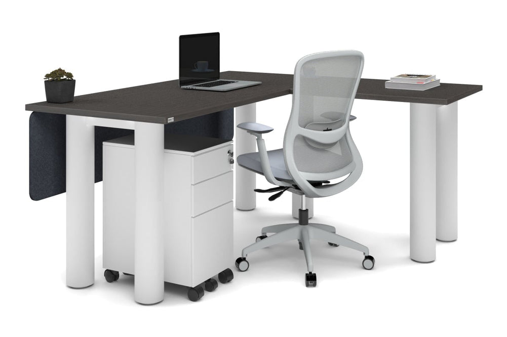 Quadro Cylinder Leg - L Shaped Corner Office Desk  [1600L x 1450W]-black leg dark oak metal modesty panel