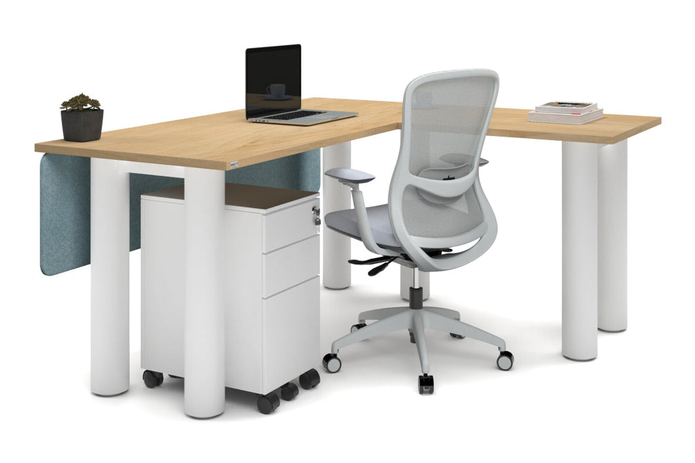 Quadro Cylinder Leg - L Shaped Corner Office Desk  [1600L x 1450W]-black leg dark oak metal modesty panel