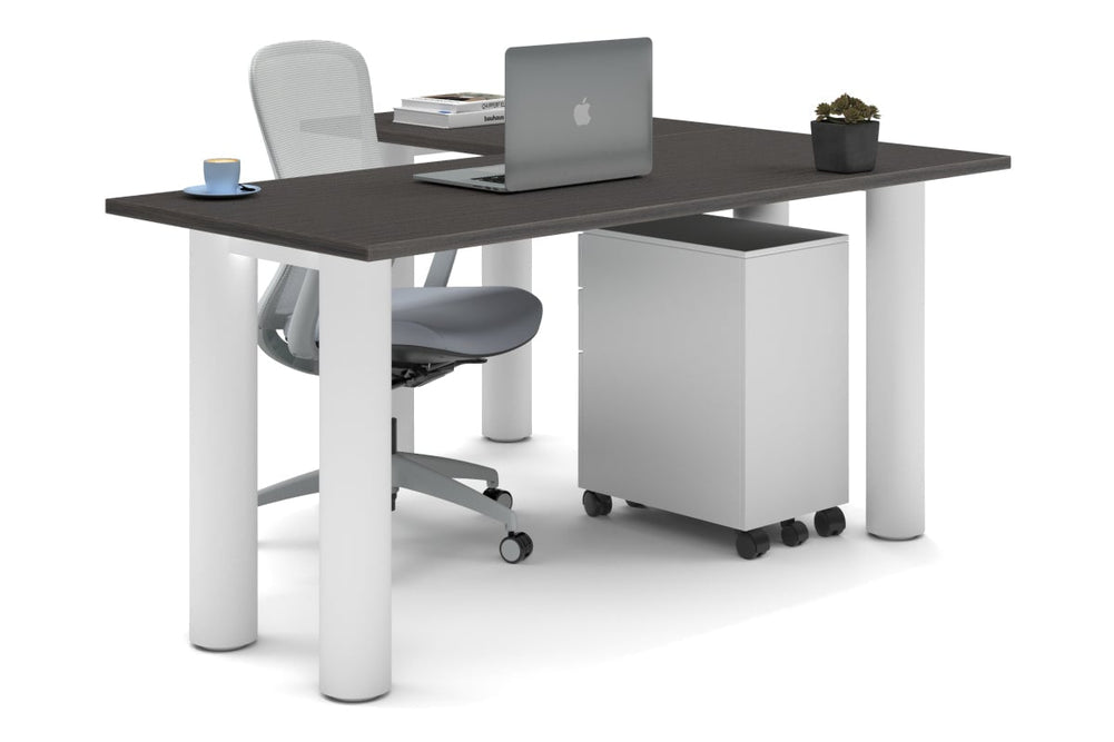 Quadro Cylinder Leg - L Shaped Corner Office Desk  [1600L x 1450W]-white leg dark oak none