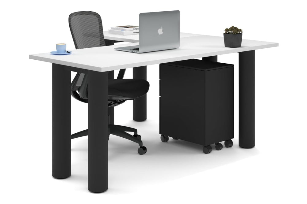 Quadro Cylinder Leg - L Shaped Corner Office Desk  [1600L x 1450W]-black leg white none