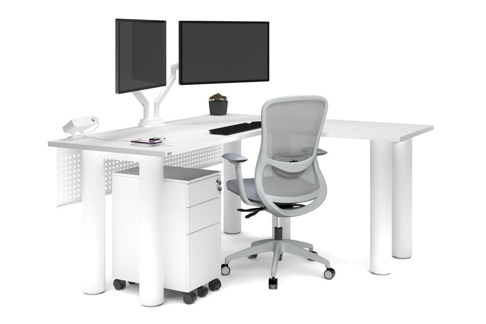 Quadro Cylinder Leg - L Shaped Corner Office Desk  [1600L x 1450W]-black leg dark oak metal modesty panel