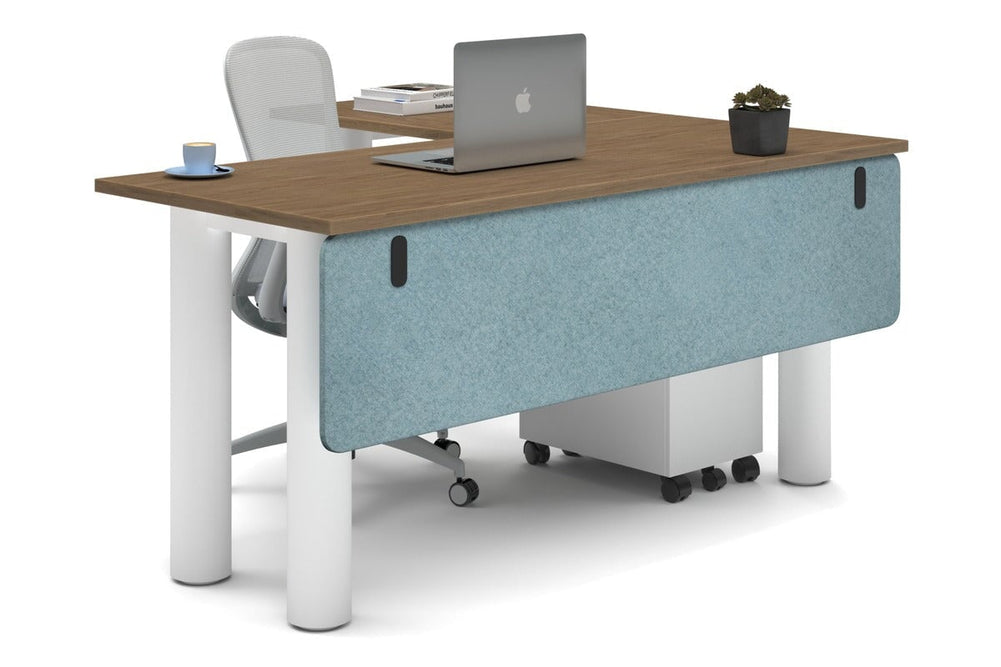 Quadro Cylinder Leg - L Shaped Corner Office Desk  [1600L x 1450W]-white leg salvage oak blue acoustic modesty panel (350H x 1600W)