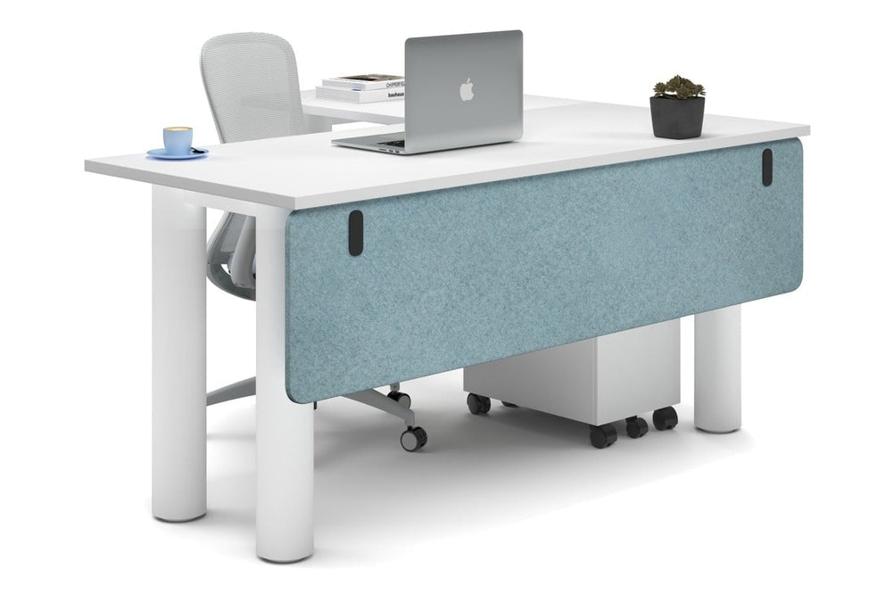Quadro Cylinder Leg - L Shaped Corner Office Desk  [1600L x 1450W]-white leg white blue acoustic modesty panel (350H x 1600W)