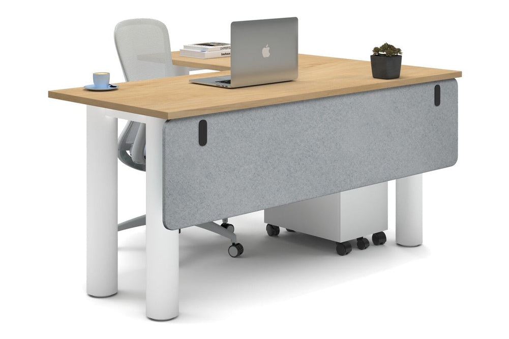Quadro Cylinder Leg - L Shaped Corner Office Desk  [1600L x 1450W]-white leg maple light grey acoustic modesty panel (350H x 1600W)