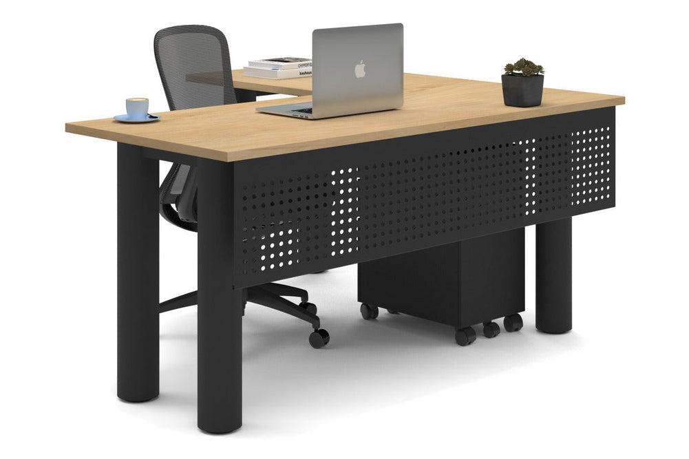 Quadro Cylinder Leg - L Shaped Corner Office Desk  [1600L x 1450W]-black leg maple metal modesty panel