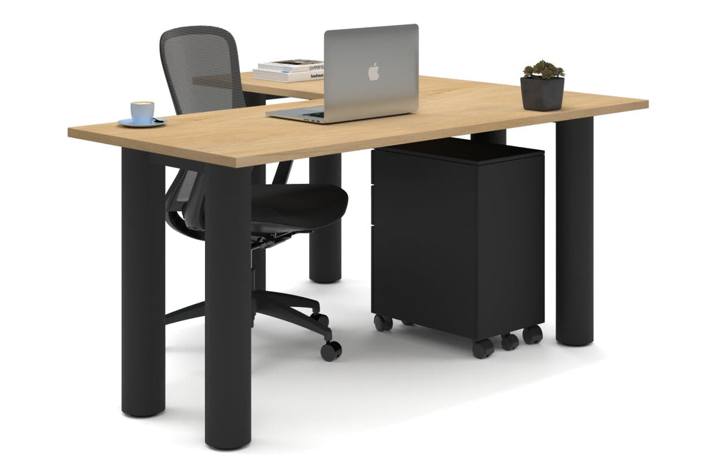 Quadro Cylinder Leg - L Shaped Corner Office Desk  [1600L x 1450W]-black leg maple none