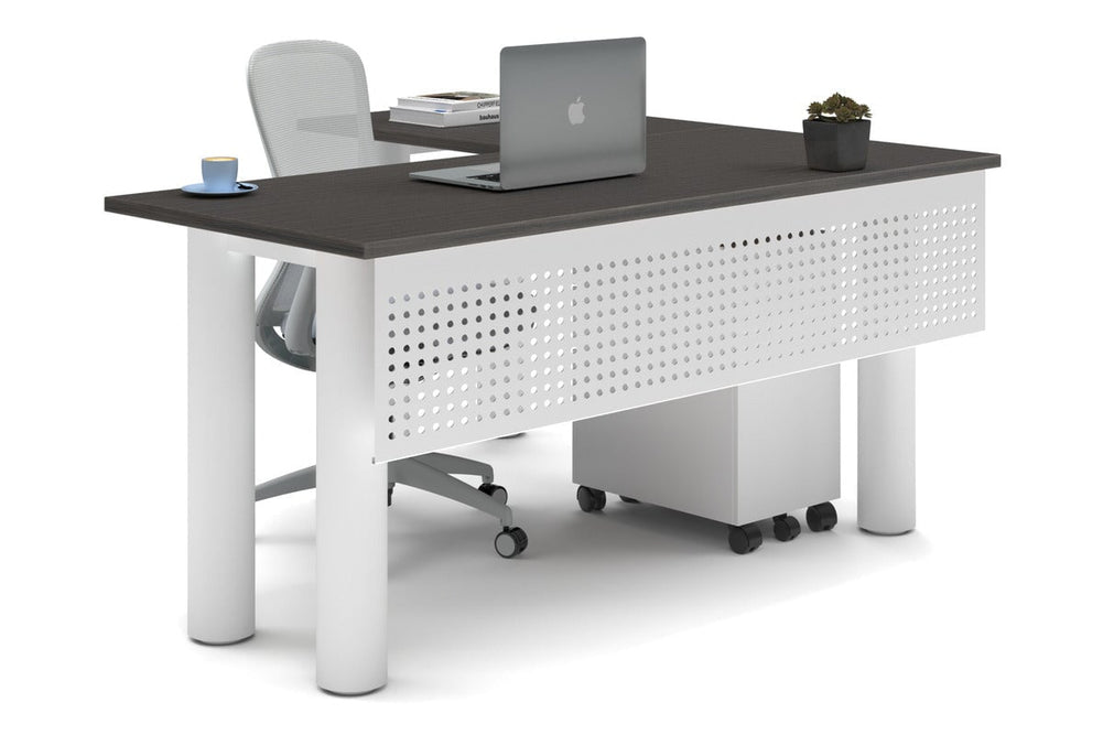 Quadro Cylinder Leg - L Shaped Corner Office Desk  [1600L x 1450W]-white leg dark oak metal modesty panel