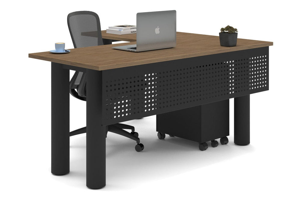 Quadro Cylinder Leg - L Shaped Corner Office Desk  [1600L x 1450W]-black leg salvage oak metal modesty panel