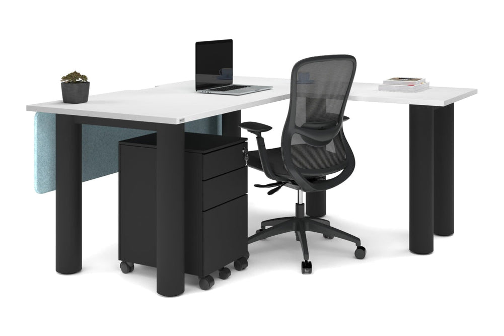 Quadro Cylinder Leg - L Shaped Corner Office Desk  [1600L x 1550W with Cable Scallop]-black leg dark oak metal modesty panel