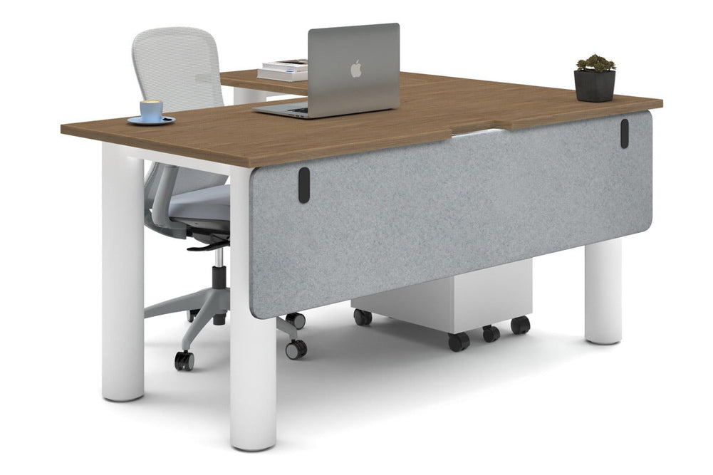 Quadro Cylinder Leg - L Shaped Corner Office Desk  [1600L x 1550W with Cable Scallop]-white leg salvage oak light grey acoustic modesty panel (350H x 1600W)