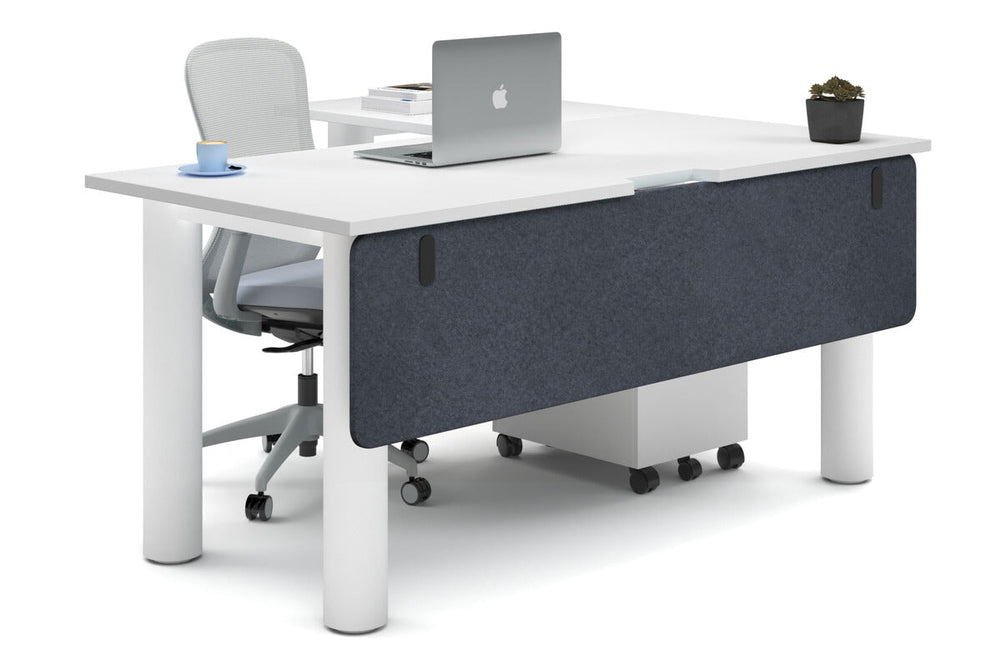 Quadro Cylinder Leg - L Shaped Corner Office Desk  [1600L x 1550W with Cable Scallop]-white leg white dark grey acoustic modesty panel (350H x 1600W)