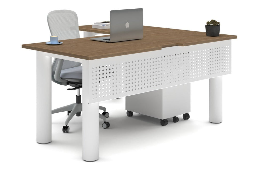 Quadro Cylinder Leg - L Shaped Corner Office Desk  [1600L x 1550W with Cable Scallop]-white leg salvage oak metal modesty panel