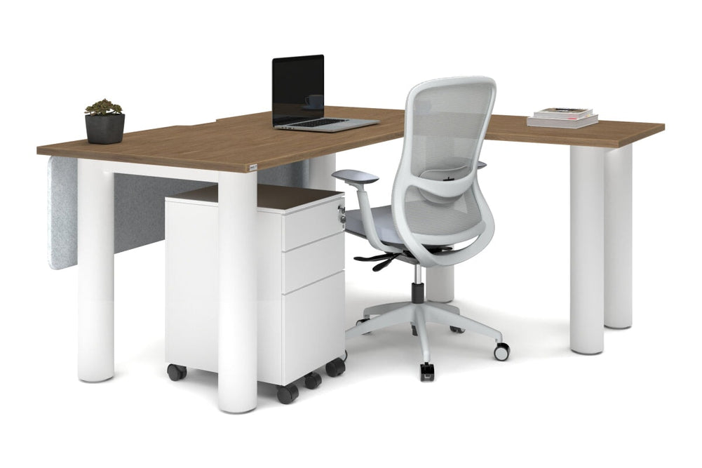 Quadro Cylinder Leg - L Shaped Corner Office Desk  [1600L x 1550W with Cable Scallop]-black leg dark oak metal modesty panel