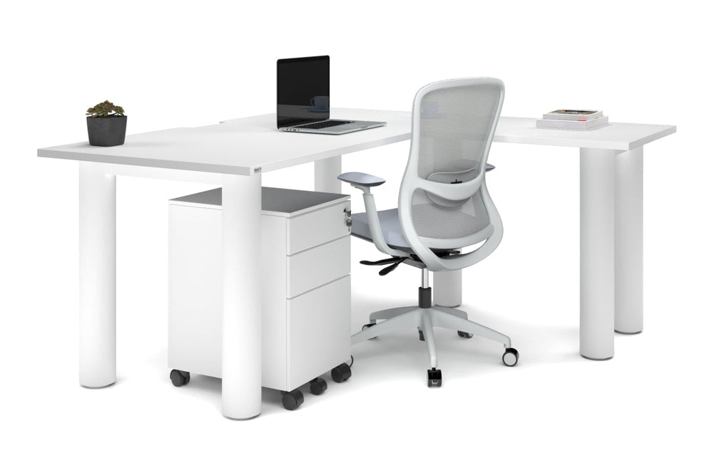 Quadro Cylinder Leg - L Shaped Corner Office Desk  [1600L x 1550W with Cable Scallop]-black leg dark oak metal modesty panel