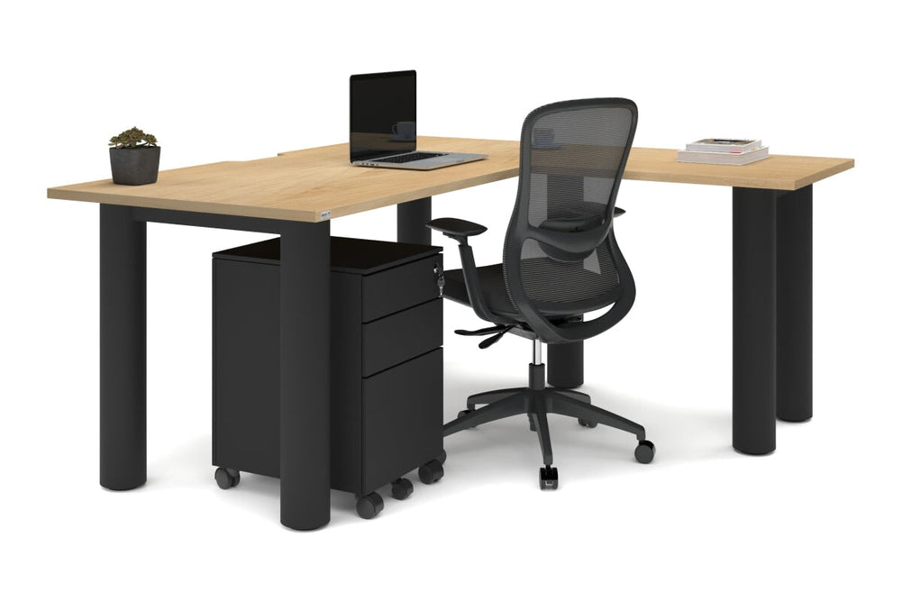 Quadro Cylinder Leg - L Shaped Corner Office Desk  [1600L x 1550W with Cable Scallop]-black leg dark oak metal modesty panel