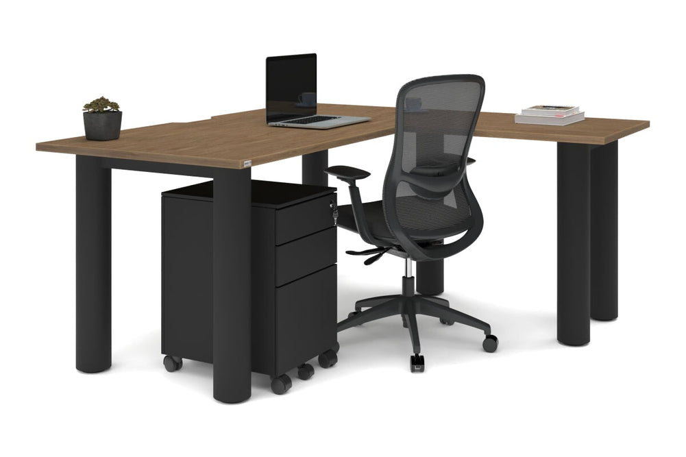 Quadro Cylinder Leg - L Shaped Corner Office Desk  [1600L x 1550W with Cable Scallop]-black leg dark oak metal modesty panel