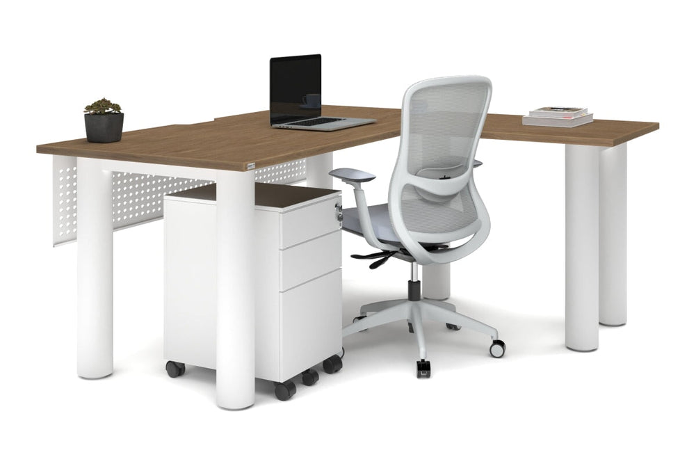 Quadro Cylinder Leg - L Shaped Corner Office Desk  [1600L x 1550W with Cable Scallop]-black leg dark oak metal modesty panel
