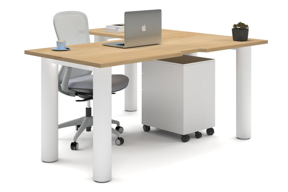 Quadro Cylinder Leg - L Shaped Corner Office Desk  [1600L x 1550W with Cable Scallop]-white leg maple none