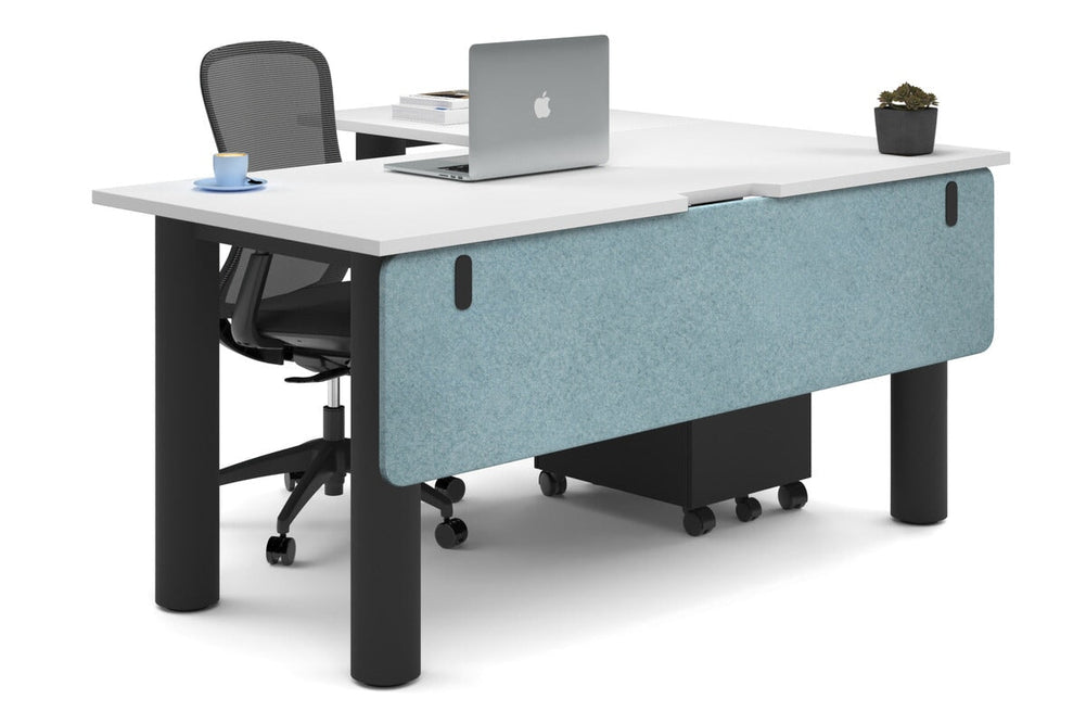 Quadro Cylinder Leg - L Shaped Corner Office Desk  [1600L x 1550W with Cable Scallop]-black leg white blue acoustic modesty panel (350H x 1600W)
