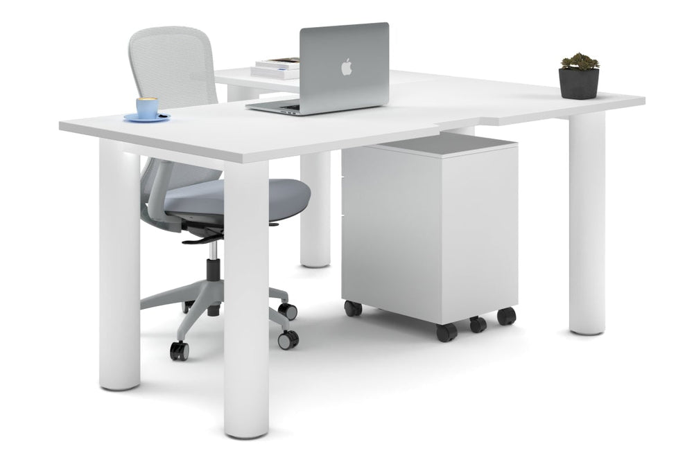 Quadro Cylinder Leg - L Shaped Corner Office Desk  [1600L x 1550W with Cable Scallop]-white leg white none