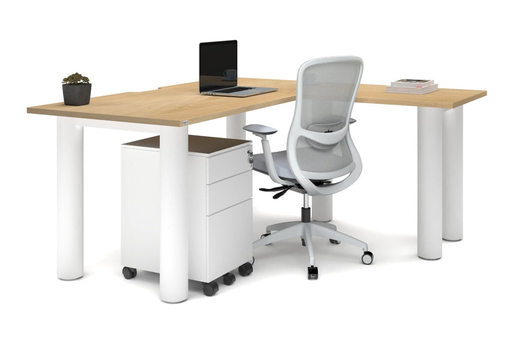 Quadro Cylinder Leg - L Shaped Corner Office Desk  [1600L x 1550W with Cable Scallop]-black leg dark oak metal modesty panel