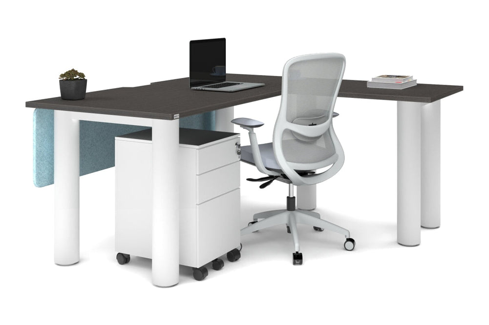 Quadro Cylinder Leg - L Shaped Corner Office Desk  [1600L x 1550W with Cable Scallop]-black leg dark oak metal modesty panel