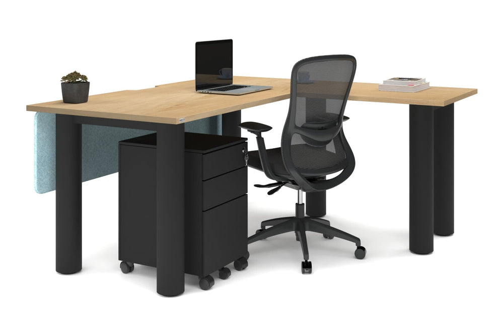 Quadro Cylinder Leg - L Shaped Corner Office Desk  [1600L x 1550W with Cable Scallop]-black leg dark oak metal modesty panel