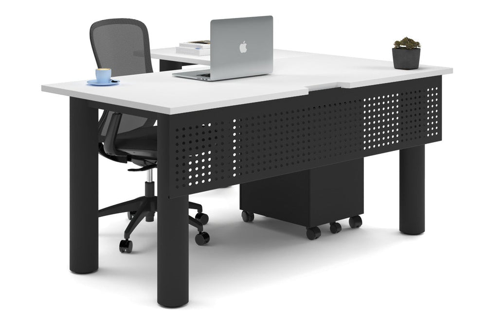 Quadro Cylinder Leg - L Shaped Corner Office Desk  [1600L x 1550W with Cable Scallop]-black leg white metal modesty panel