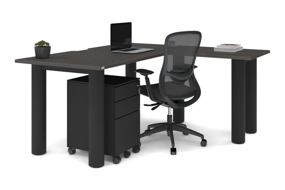 Quadro Cylinder Leg - L Shaped Corner Office Desk  [1600L x 1550W with Cable Scallop]-black leg dark oak metal modesty panel