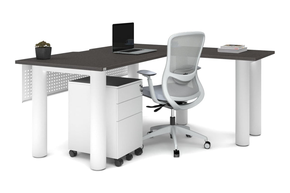 Quadro Cylinder Leg - L Shaped Corner Office Desk  [1600L x 1550W with Cable Scallop]-black leg dark oak metal modesty panel