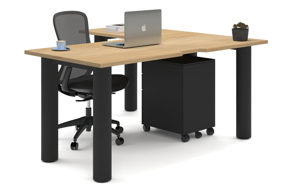 Quadro Cylinder Leg - L Shaped Corner Office Desk  [1600L x 1550W with Cable Scallop]-black leg maple none