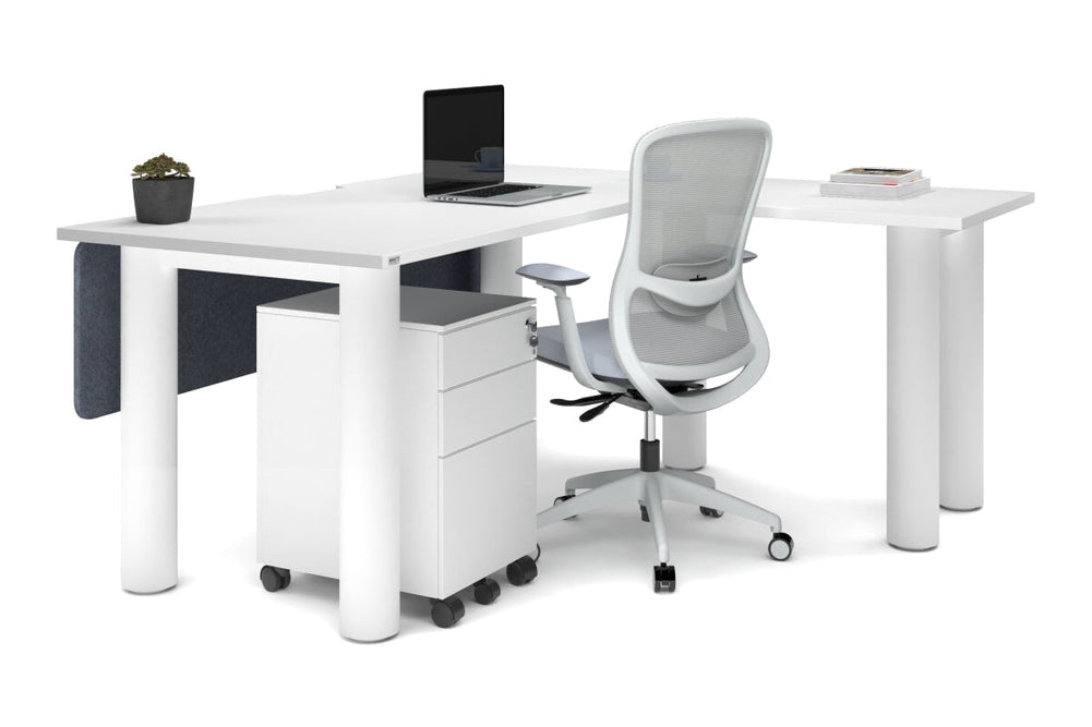 Quadro Cylinder Leg - L Shaped Corner Office Desk  [1600L x 1550W with Cable Scallop]-black leg dark oak metal modesty panel