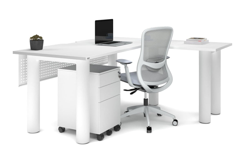 Quadro Cylinder Leg - L Shaped Corner Office Desk  [1600L x 1550W with Cable Scallop]-black leg dark oak metal modesty panel