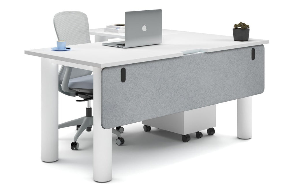 Quadro Cylinder Leg - L Shaped Corner Office Desk  [1600L x 1550W with Cable Scallop]-white leg white light grey acoustic modesty panel (350H x 1600W)