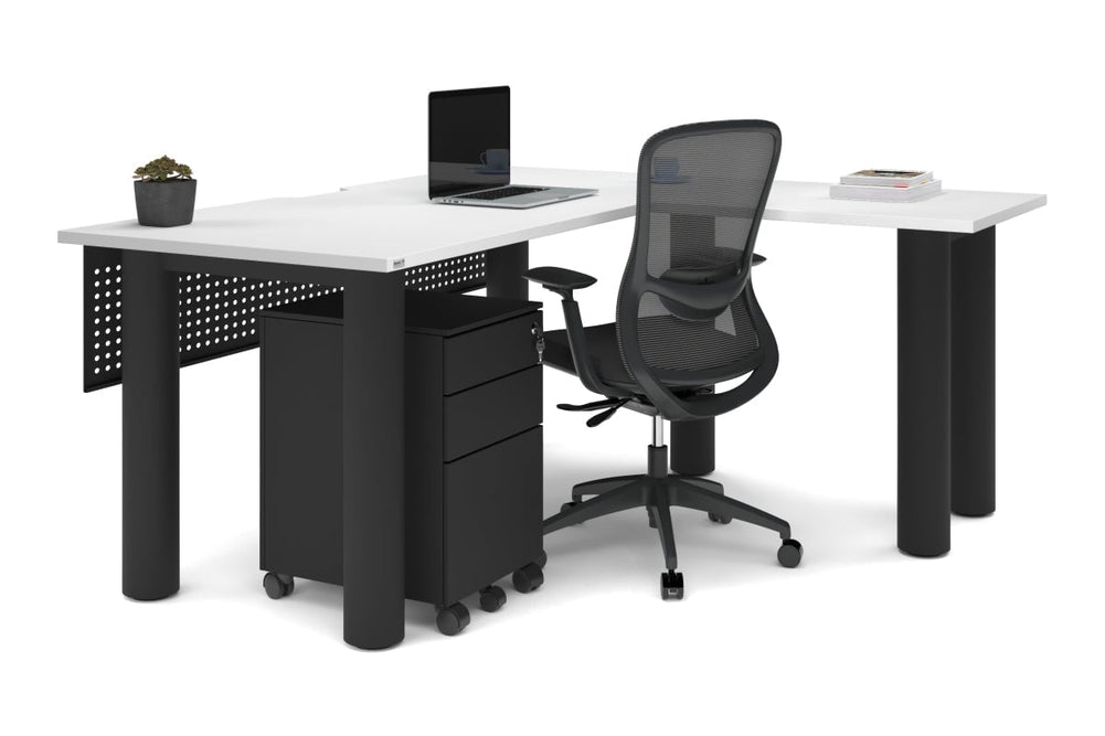 Quadro Cylinder Leg - L Shaped Corner Office Desk  [1600L x 1550W with Cable Scallop]-black leg dark oak metal modesty panel